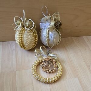 Set Of 3 Gold & Cream Holiday Handmade Ornaments Christmas Decoration